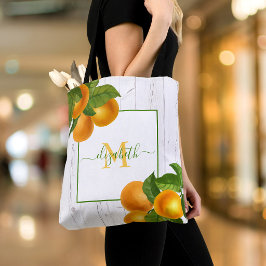 Monogram citrus sinaasappels aquarel roestig hout tote bag
