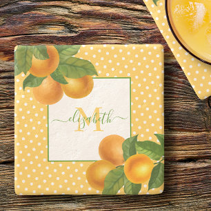 Monogram citrus sinaasappels aquarel stippen rusti stenen onderzetter
