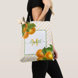 Monogram citrus sinaasappels rustieke waterverf st tote bag
