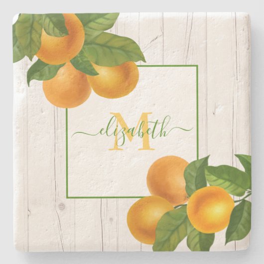 Monogram citrus sinaasappels waterverf rustiek hou stenen onderzetter (Voorkant)