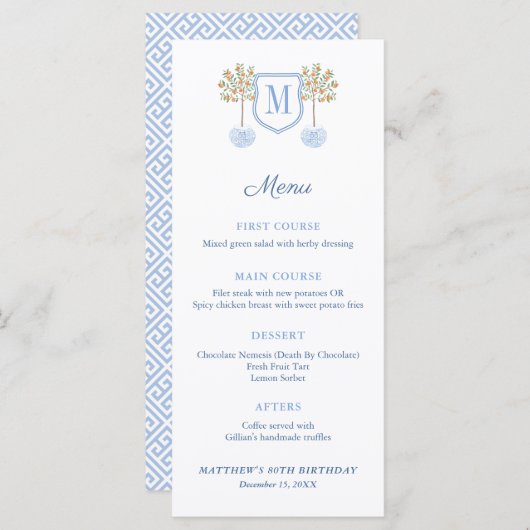 Monogram Citrus Tree Formal Baptisme Luncheon Menu (Voorkant / Achterkant)