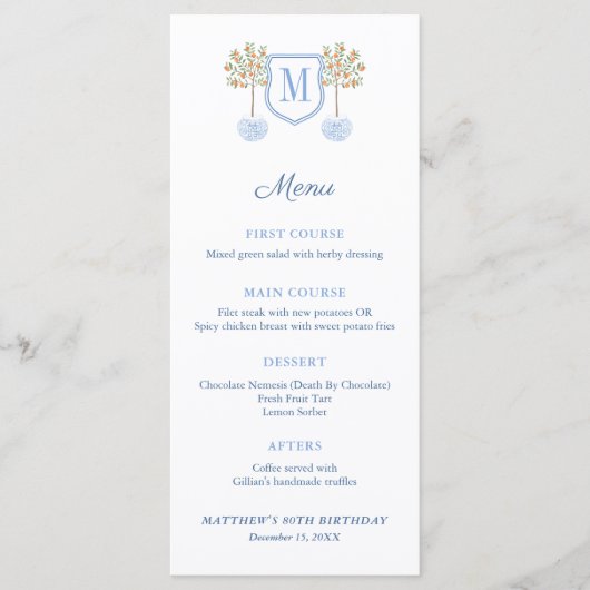 Monogram Citrus Tree Formal Baptisme Luncheon Menu (Voorkant)