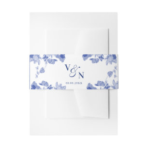 Monogram Classic Blue en White Floral Wedding Uitnodigingen Wikkel