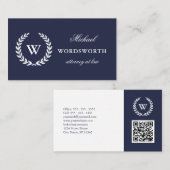 Monogram Classic Blue White QR Code Visitekaartje (Voorkant / Achterkant)
