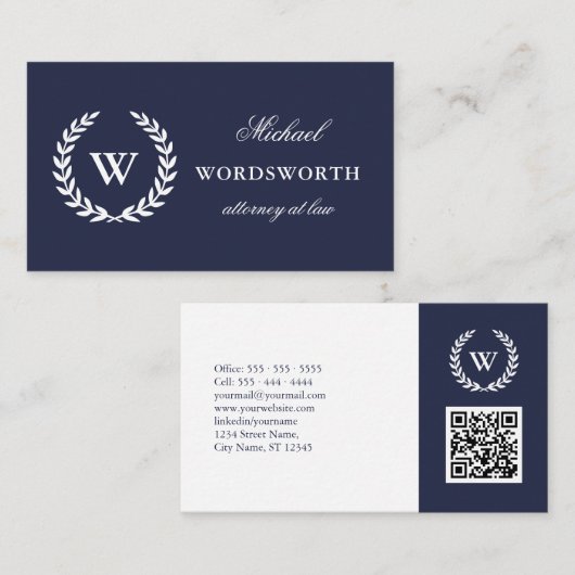 Monogram Classic Blue White QR Code Visitekaartje (Voorkant / Achterkant)