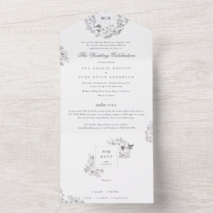 Monogram Classic Botanical Florals Wedding All In One Uitnodiging