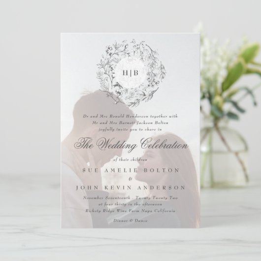 Monogram Classic Botanical Florals Wedding Kaart (Staand voorkant)