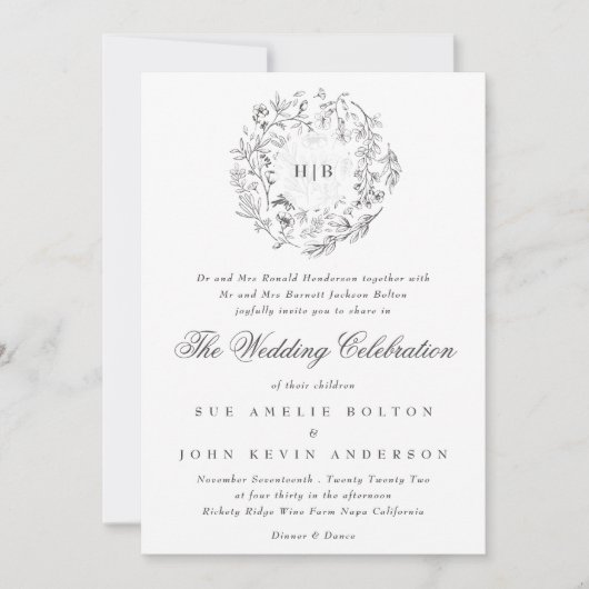 Monogram Classic Botanical Florals Wedding Kaart (Voorkant)