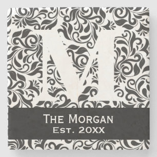 Monogram Classic Damask Familienaam Sign. Stenen Onderzetter