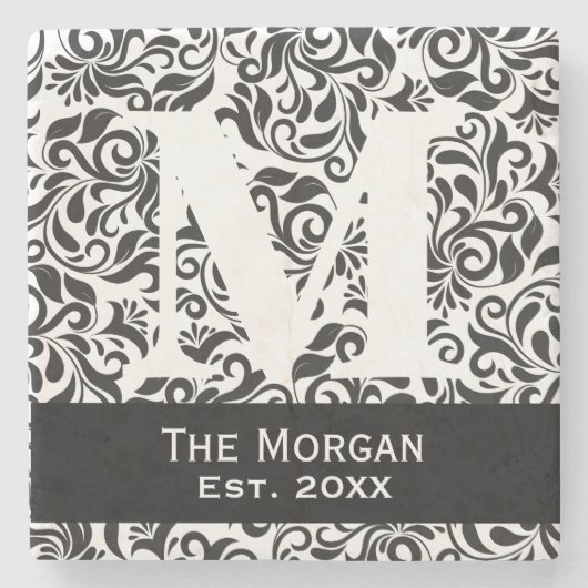 Monogram Classic Damask Familienaam Sign. Stenen Onderzetter (Voorkant)