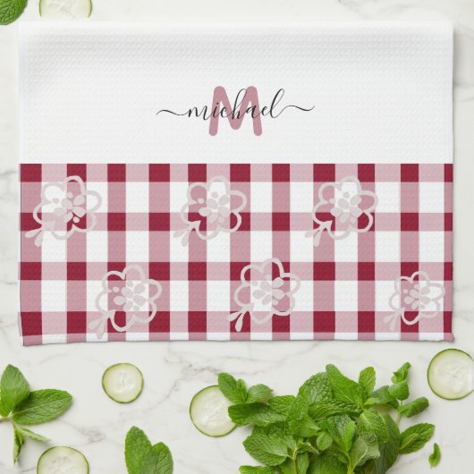 Monogram Classic Elegant Minimaal Rood en Wit Theedoek (Gevouwen)