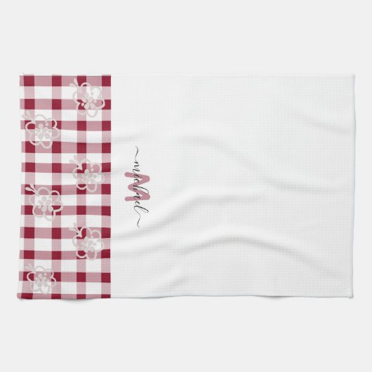 Monogram Classic Elegant Minimaal Rood en Wit Theedoek (Horizontaal)