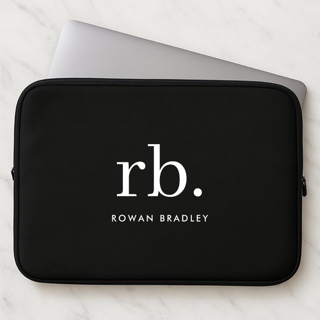 Monogram Classic Elegant Minimal Black en White Laptop Sleeve (Creator heeft geüpload)
