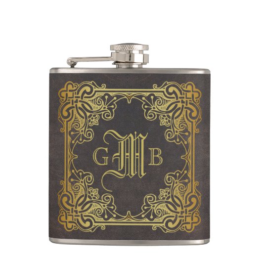 Monogram Classic Gold Lijst Antiek Leder Fancy Heupfles (Voorkant)