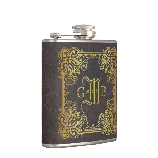 Monogram Classic Gold Lijst Antiek Leder Fancy Heupfles (Rechts)