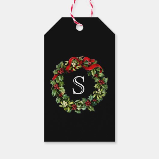 Monogram Classic Holly WreatCustom Kerstmis Cadeaulabel (Voorkant)