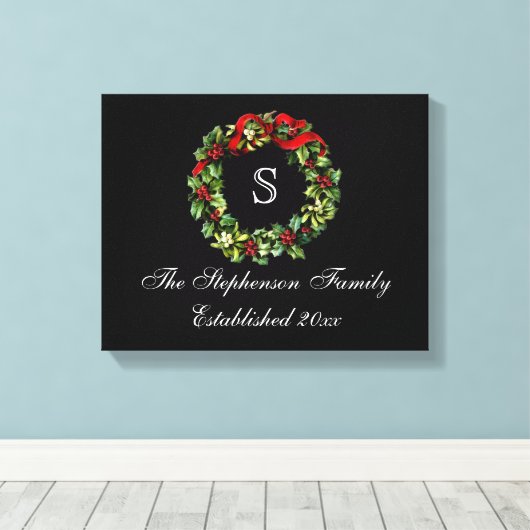 Monogram Classic Holly WreatCustom Kerstmis Canvas Afdruk (Insitu (Houten vloer))