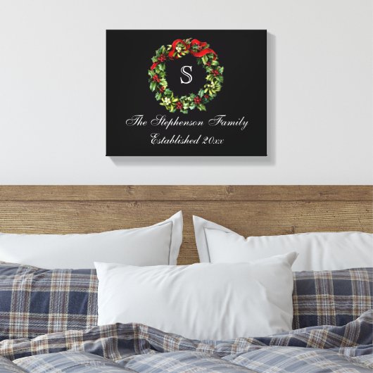 Monogram Classic Holly WreatCustom Kerstmis Canvas Afdruk (Insitu (Slaapkamer))
