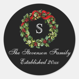 Monogram Classic Holly WreatCustom Kerstmis Ronde Sticker