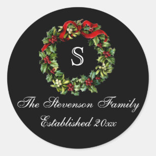 Monogram Classic Holly WreatCustom Kerstmis Ronde Sticker