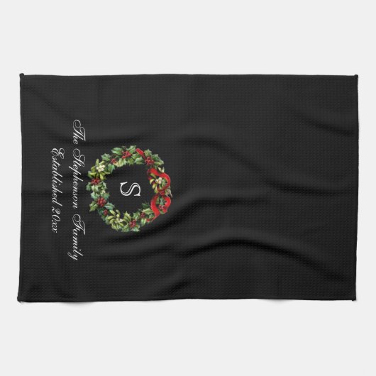 Monogram Classic Holly WreatCustom Kerstmis Theedoek (Horizontaal)