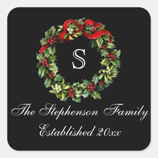 Monogram Classic Holly WreatCustom Kerstmis Vierkante Sticker (Voorkant)