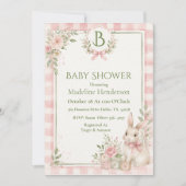 Monogram Classic Roze Meisje Gingham Baby Shower Kaart (Voorkant)
