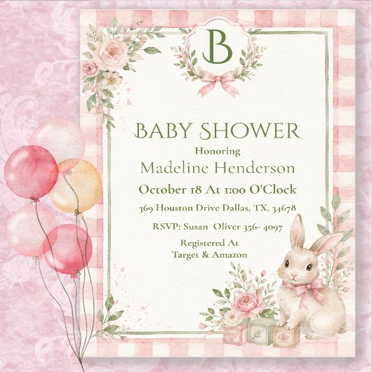 Monogram Classic Roze Meisje Gingham Baby Shower Kaart