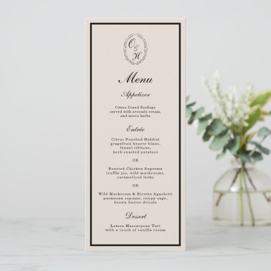 Monogram Classic Wedding Classic Long Menu Card Kaart (Staand voorkant)