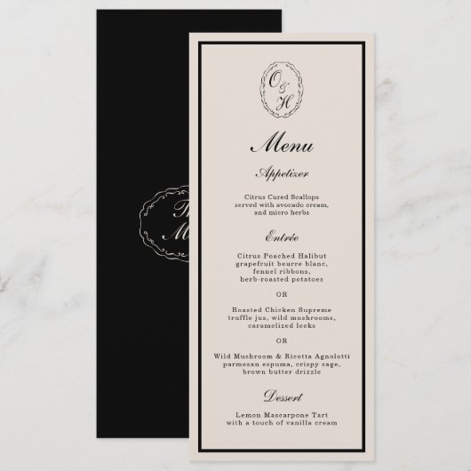 Monogram Classic Wedding Classic Long Menu Card Kaart (Voorkant / Achterkant)