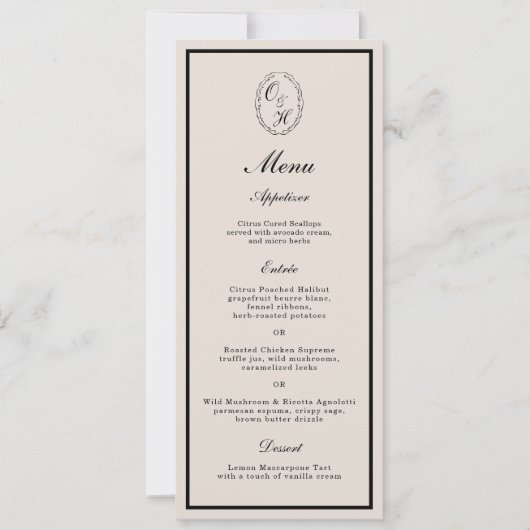 Monogram Classic Wedding Classic Long Menu Card Kaart (Voorkant)