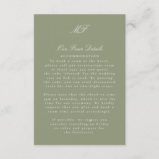 Monogram Classic White Sage Wedding Details Info Informatiekaartje (Voorkant)