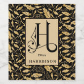 Monogram classy Black en Gold Leaf Pattern Wijn Etiket (Enkel label)
