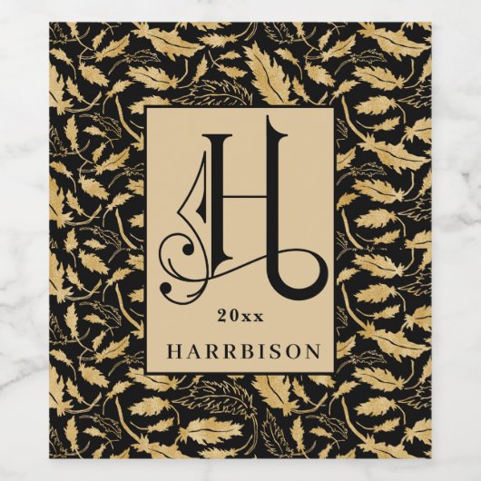 Monogram classy Black en Gold Leaf Pattern Wijn Etiket (Enkel label)