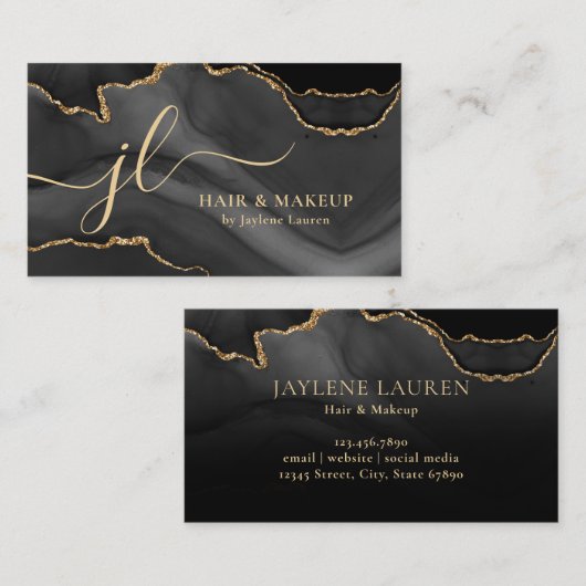 Monogram Classy Black Gold Marble Agate Visitekaartje (Voorkant / Achterkant)
