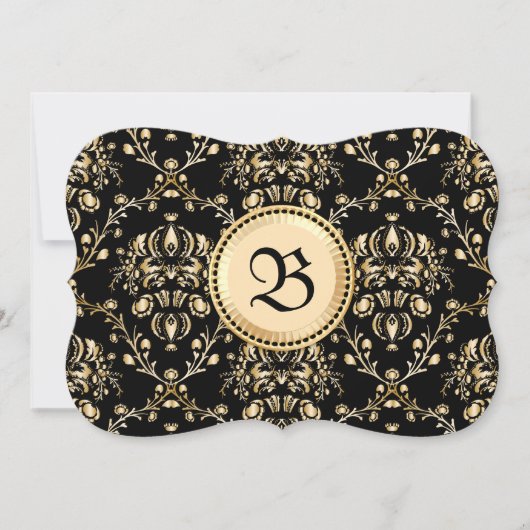 Monogram Classy Elegant Gold Damask Medieval Black Kaart (Voorkant)