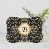 Monogram Classy Elegant Gold Damask Medieval Black Kaart (Staand voorkant)