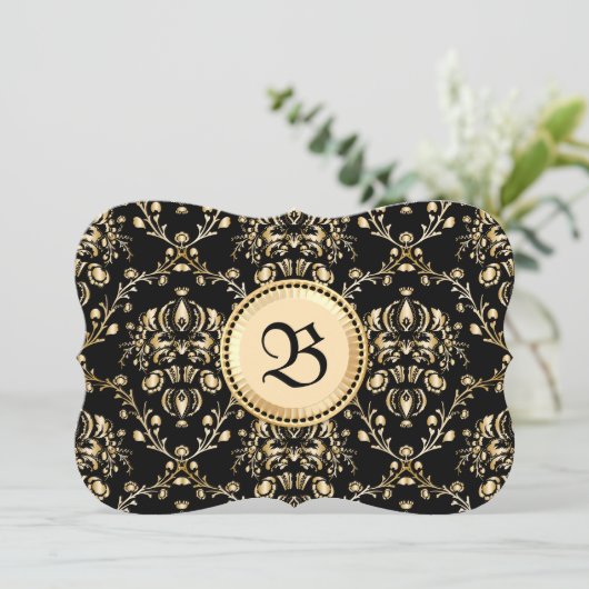 Monogram Classy Elegant Gold Damask Medieval Black Kaart (Staand voorkant)