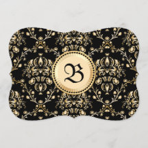 Monogram Classy Elegant Gold Damask Medieval Black