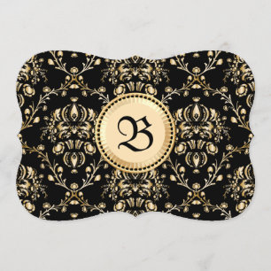 Monogram Classy Elegant Gold Damask Medieval Black Kaart