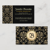 Monogram Classy Elegant Gold Damask Medieval Black Visitekaartje (Voorkant / Achterkant)