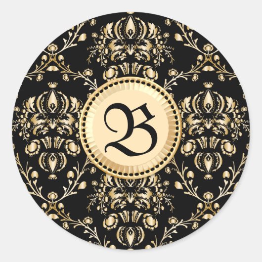 Monogram Classy Elegant Goud Damast Middeleeuws Zw Ronde Sticker (Voorkant)