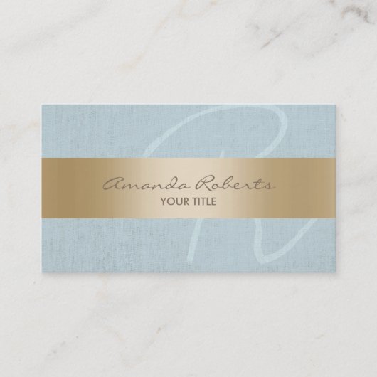 Monogram classy Gold Stripe Blue Linen Visitekaartje (Voorkant)
