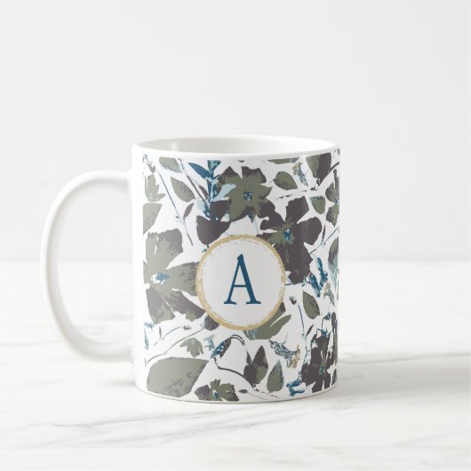 Monogram Clematis Vine Elegant Groen Blauw Bloemen Koffiemok (Links)
