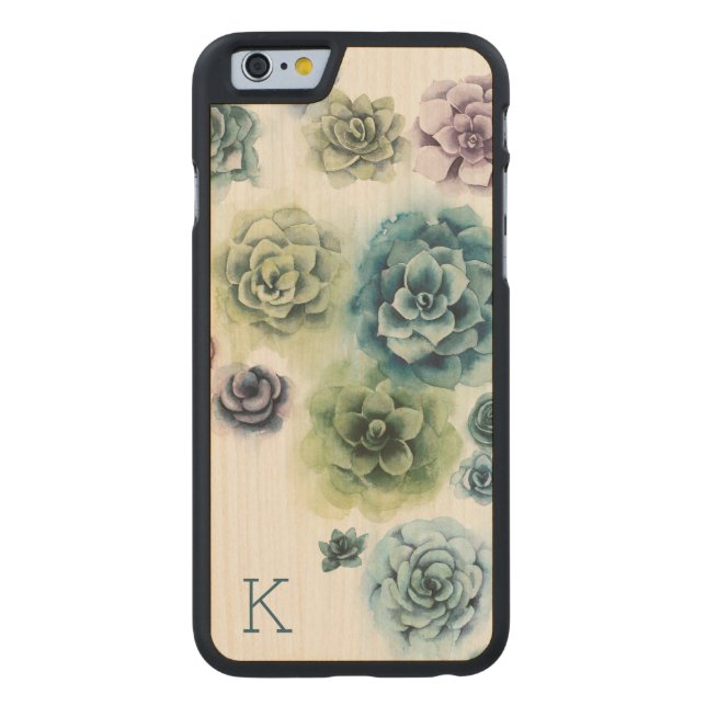 Monogram | Cluster Succulenten Carved Wood iPhone Hoesje (Achterkant)