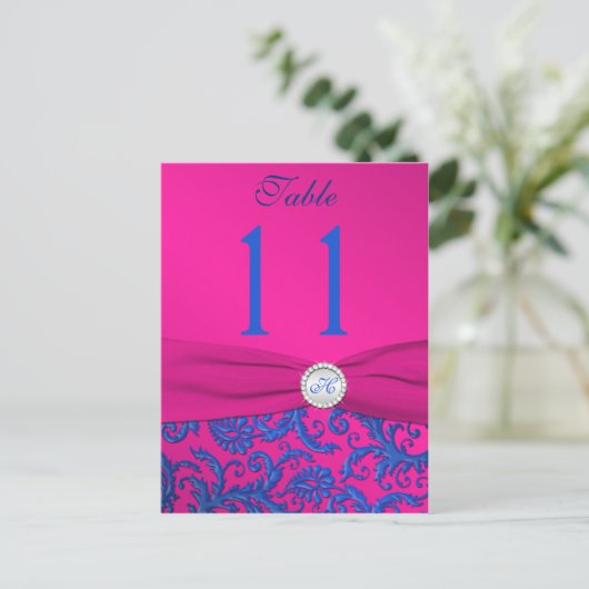 Monogram Cobalt and Fuchsia Damask Table Number Briefkaart (Staand voorkant)