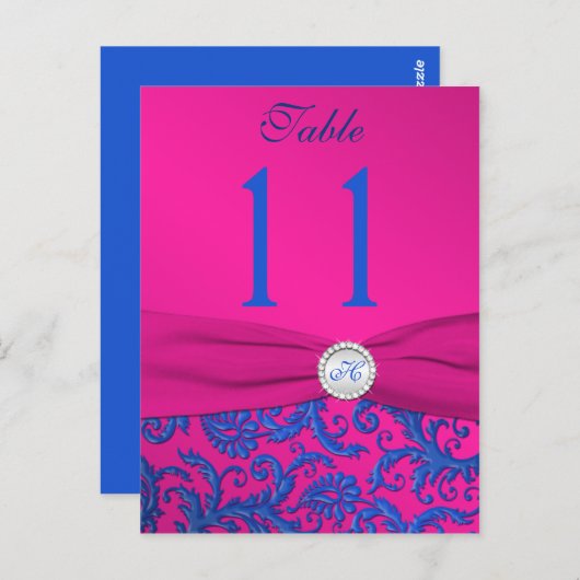 Monogram Cobalt and Fuchsia Damask Table Number Briefkaart (Voorkant / Achterkant)