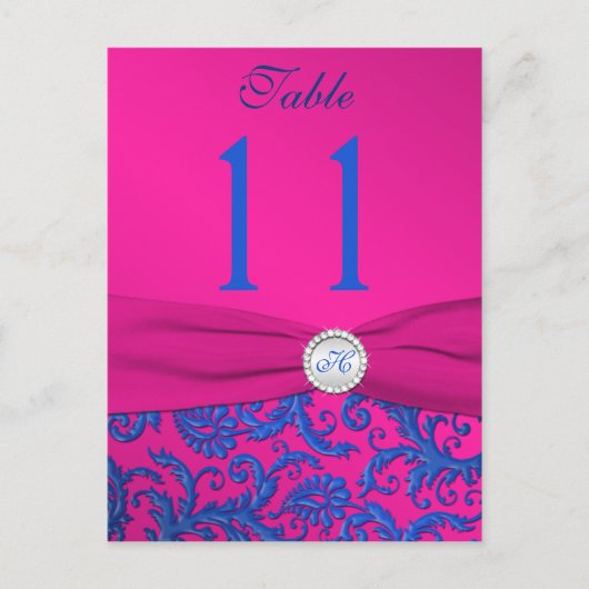 Monogram Cobalt and Fuchsia Damask Table Number Briefkaart (Voorkant)