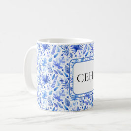 Monogram, Cobalt Blue Tropical Leaves Pattern 11oz Koffiemok