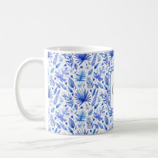 Monogram, Cobalt Blue Tropical Leaves Pattern 11oz Koffiemok (Links)